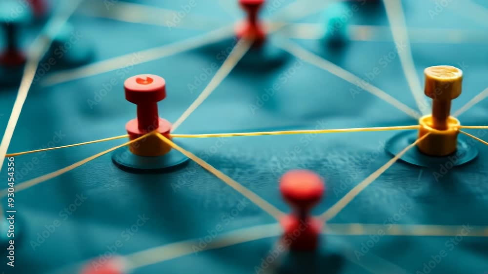 Poster social network concept with colored pegs and strings representing connectivity and isolation in busi