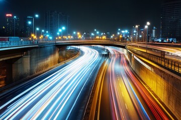 Cityscape with Highway Traffic at Night - A scenic view of a city highway at night, showcasing the bright streaks of light from cars speeding along the roadway. This image symbolizes urban movement, p