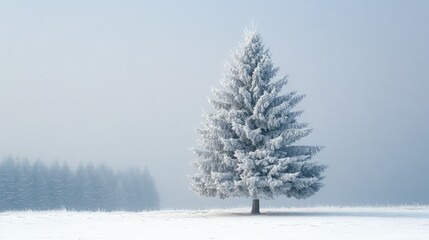 Fototapeta premium A frosted spruce tree, centered and covered in snow, with its evergreen needles peeking through the icy layer.