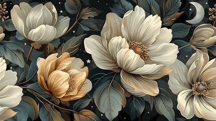 Vintage-inspired seamless wallpaper design featuring intricate illustrations of night-blooming flowers like moonflowers and jasmine, combined with stars and crescent moons, set against a dark,