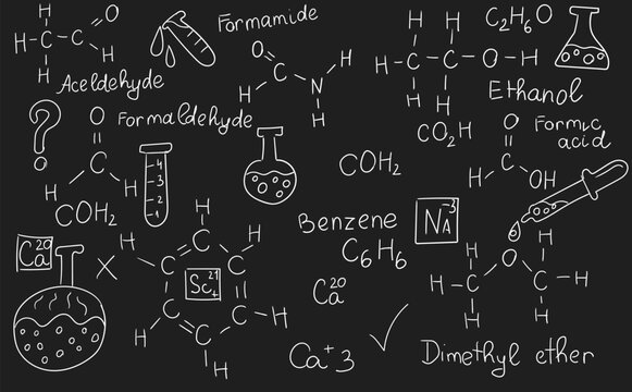 Chemistry formulas, science and education background. Chalkboard inscribed with scientific formulas and calculations in physics and mathematics. Retro vector illustration