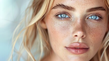 Fototapeta premium Closeup portrait of a beauty blonde woman fashion model with natural makeup and skincare. Beauty & skin products, Copy space
