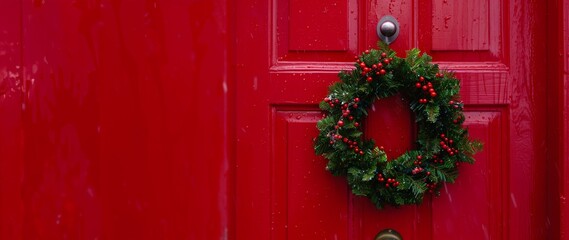  Festive Christmas wreath on a red wooden door, decorated with pine cones, red berries. Festive concept. For banner, design, social media, shop, sales, flyer, invitation, youtube, cover. Copy space.
