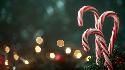 christmas candy canes on a dark green background with copy space for text. For banner, design, social media, blog, cover,card, wallpaper, thumbnail, youtube, etsy
