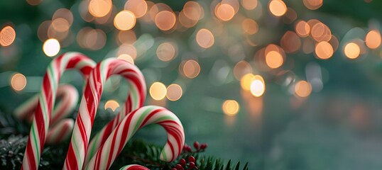 christmas candy canes on a dark green background with copy space for text. For banner, design, social media, blog, cover,card, wallpaper, thumbnail, youtube, etsy