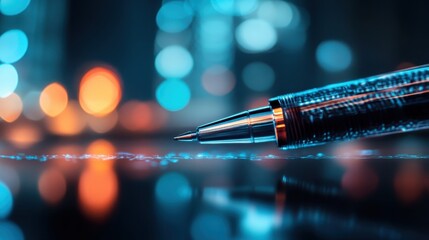 An elegant pen positioned on a reflective surface, with bokeh lights enhancing the background. The focus is on the pen tip, representing attention to detail and creativity.