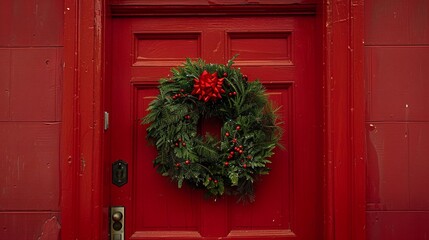  Festive Christmas wreath on a red wooden door. Festive concept. For banner, design, social media, shop, sales, flyer, invitation, youtube, cover