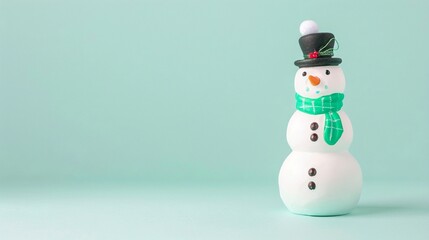 horizontal image of a cute toy snowman on the isolated blue background. Copy space for text.  For banner, design social media, blog, card, flyer, invitation, print, poster, 