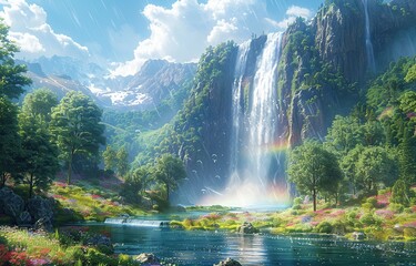 Fototapeta premium Majestic Waterfall in a Lush Mountain Valley