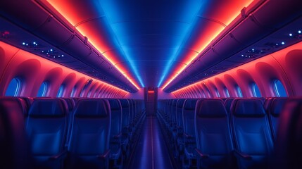 Modern and futuristic airplane cabin interior illuminated by ambient blue and red LED lights.