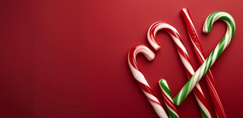 christmas candy canes on a red isolated background with copy space for text. For banner, design, social media, blog, cover,card, wallpaper, thumbnail, youtube, etsy