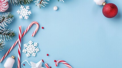 christmas candy canes on a blue isolated background with copy space for text. For banner, design, social media, blog, cover,card, wallpaper, thumbnail, youtube, etsy