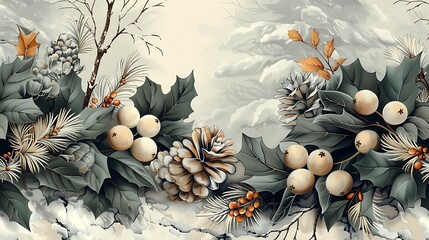 Fototapeta premium Winter botanicals seamless wallpaper design, with hand-drawn vintage illustrations of pine branches, holly, and mistletoe, cool blue and green tones, frosty winter backdrop, intricate details,