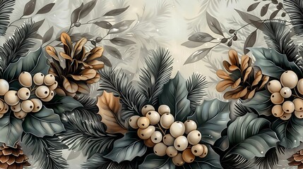 Fototapeta premium Winter botanicals seamless wallpaper design, with hand-drawn vintage illustrations of pine branches, holly, and mistletoe, cool blue and green tones, frosty winter backdrop, intricate details,