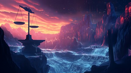 Scales of Justice in a Cyberpunk Mountain Range