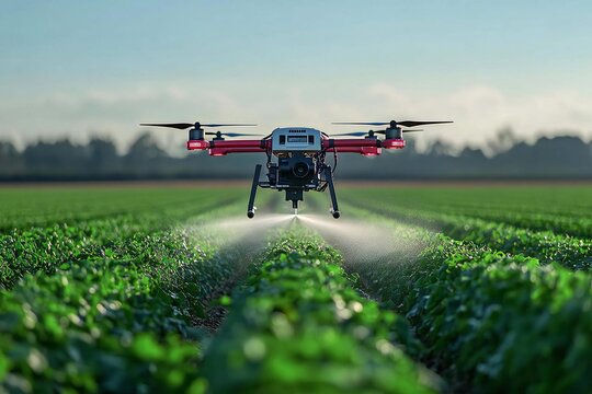Agricultural drones spraying water on farmland crops, advanced technology for farming or gardening.