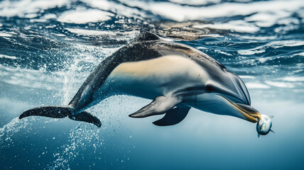 Obraz premium Dolphin leaping from water with fish in mouth.