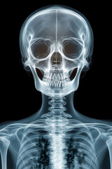X-ray of a human skull and upper torso, revealing bone structure.