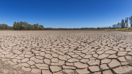 Fototapeta premium Cracked earth of a dried-up lake bed under a clear blue sky.