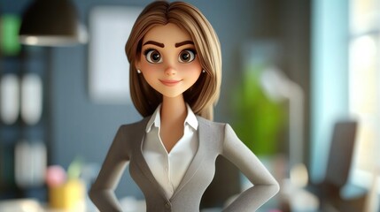3D Cartoon Businesswoman with Hand in Pocket at Office
