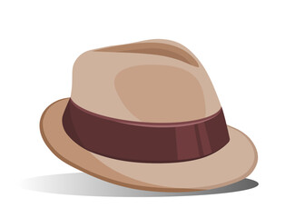 Hat and cap. Brown panama for summer season and hot weather. Fashionable gentlemans headwear. Aesthetics and elegance. Poster or banner. Flat vector illustration isolated on white background