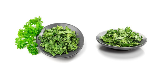 Dry parsley pile isolated. Crushed cilantro leaves heap, dried garden parsley, chervil flakes, corriender pileces