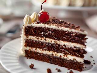 Exquisite Black Forest Cake with Cherry Topping on a Dark Plate