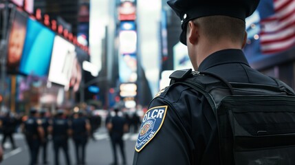 Fototapeta premium NYC Police Officer on Duty: A solitary NYPD officer stands vigil in Times Square, a symbol of safety and security amidst the bustling cityscape. His focused gaze and unwavering presence evoke a sense