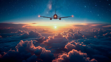 Fototapeta premium Airplane flying in night sky over the clouds, passenger jet commercial plane in starry night.