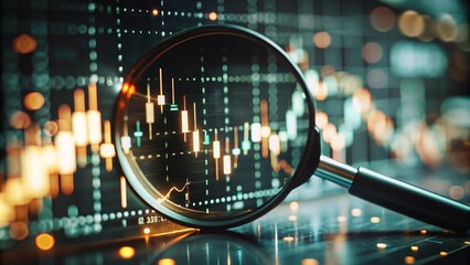 Magnifying glass zooms in on digital financial charts, glowing data points, high-tech, photorealistic