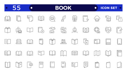 book icon set education study reading learning language skill Outline icon. Book line icons set. Open brochure, magazine, literature, dictionary, audiobook, learning, education, information.