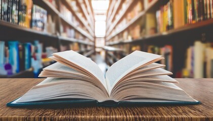 Obraz premium Open book on the table at retro library background, vintage tone