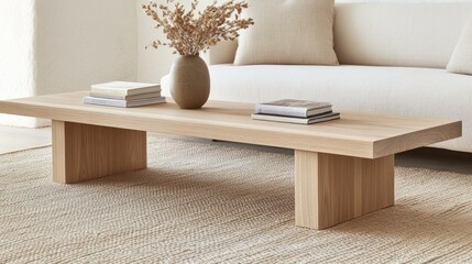 A stylish coffee table holds a vase with dried flowers and a magazine, positioned in a cozy living room framed by beige and white colors