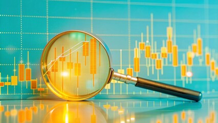 Magnifying glass zooms in on digital financial charts, glowing data points, high-tech, photorealistic