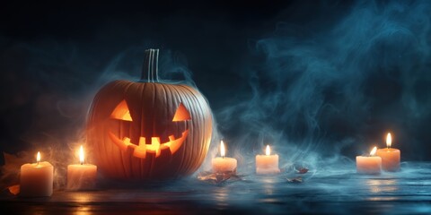 Fototapeta premium Spooky Halloween Pumpkin with Candles created by ai