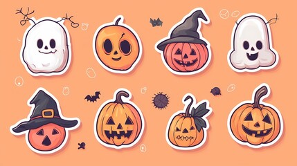 A vibrant Halloween collection featuring playful ghosts, carved pumpkins, and festive elements perfect for seasonal designs.