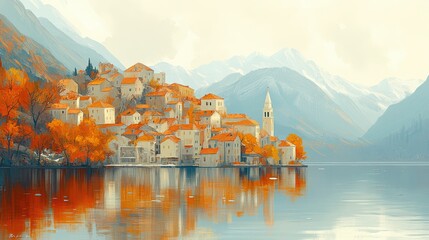Fototapeta premium Autumn Reflections over a Tranquil Lakeside Village
