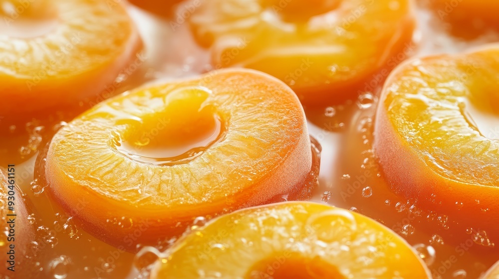 Wall mural Delicious Preserved Apricots in Syrup - Stock Photo - A close-up of preserved apricots in syrup, highlighting their vibrant orange color, juicy texture, and sweet aroma. The apricots are arranged in a