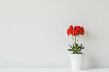 Fototapeta premium Indoor Mockup of Calm Light Gray Wall With Bold Red Alstroemeria Flower in a White Pot for Branding or Promotional Content
