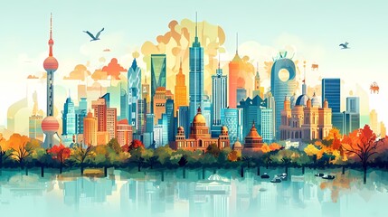 Fototapeta premium Vibrant city skyline with modern skyscrapers and autumn foliage reflecting in water, showcasing urban beauty and harmony.
