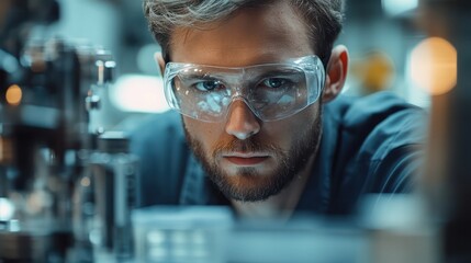 Fototapeta premium Worker wearing safety goggles while operating a CNC machine, emphasizing the importance of safety in machining.