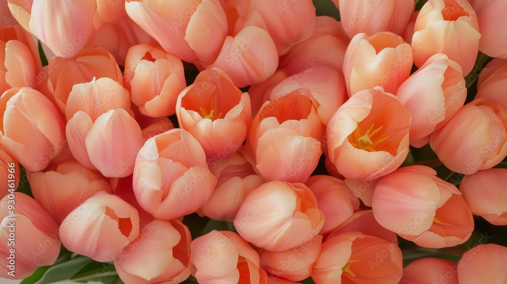 Poster aerial view of symmetrical and geometric orange tulip pattern captured in bright, diffused lighting