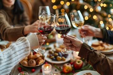 A group of friends toasting with wine glasses at the dining table, surrounded by food and decorations Generative AI - Powered by Adobe