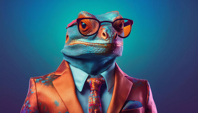 lagarto vestido con traje naranja y gafas tintadas de color sobre fondo de color azul