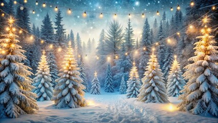 Magical winter wonderland Christmas forest with snow covered trees and twinkling lights