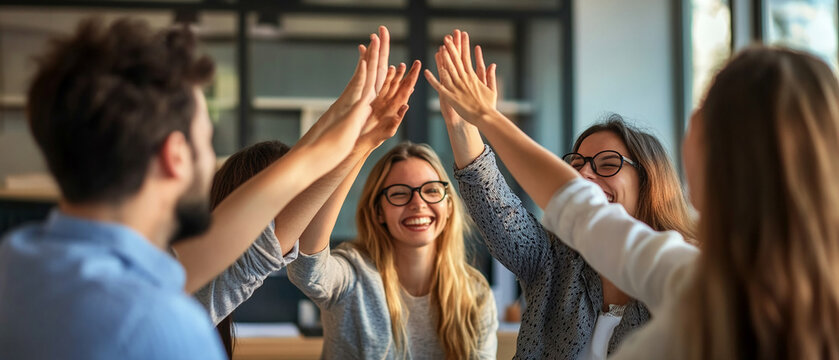 A business team celebrating success with high-fives and smiles. business team