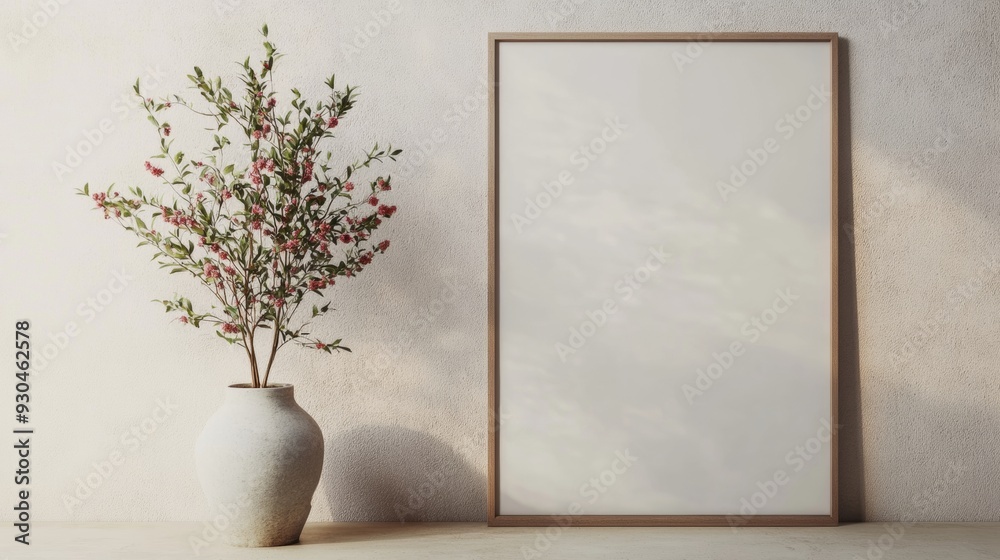 Poster empty indoor wall poster mockup with subtle flower shadows on light gray background in serene natura