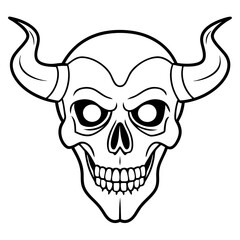 Vintage demon skull with horns line art vector illustration