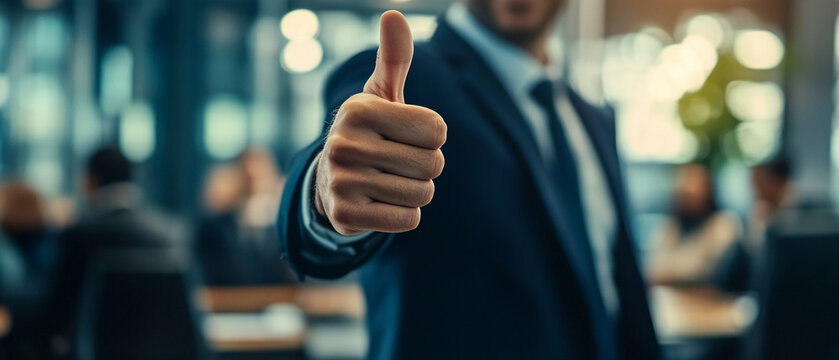 A businessman giving a thumbs-up gesture in a corporate meeting. businessman thumbs-up