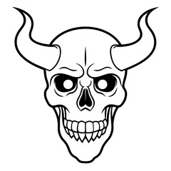 Vintage demon skull with horns line art vector illustration
